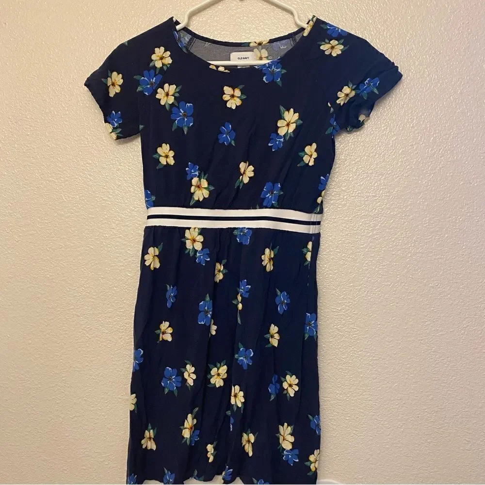 Old navy girls blue yellow Floral short sleeve rayon dress bundle set L 10/12